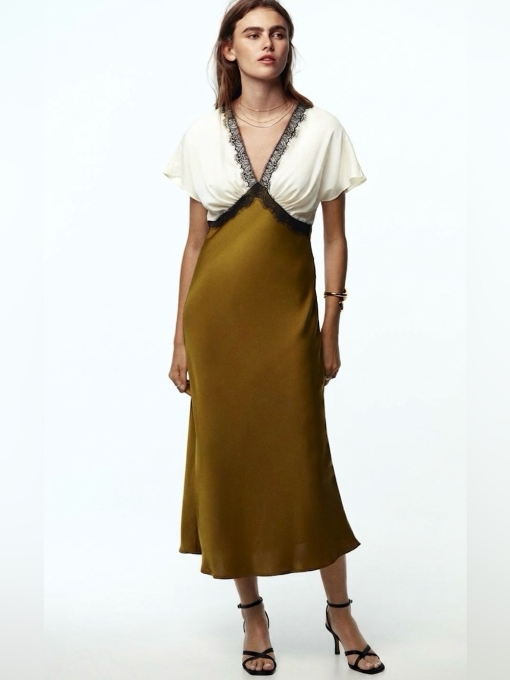 ZARA Olive Ivory Lace Detail Midi Satin Dress